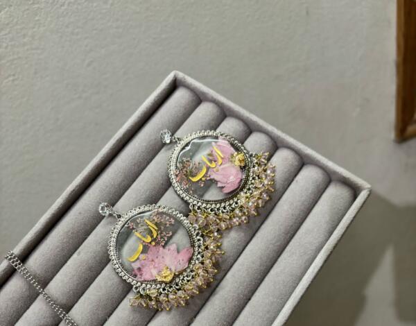 "Personalized Pressed Flower Earrings and Pendant in Silver Finish"
