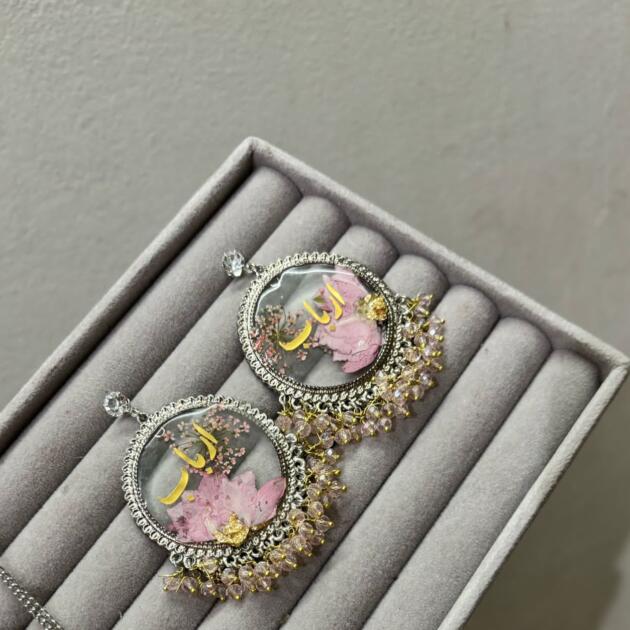"Personalized Pressed Flower Earrings and Pendant in Silver Finish"