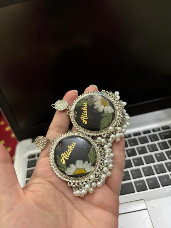 Elegant Personalized Name Earrings with Real Flowers & Pearl Fringe"